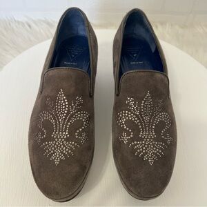 Valentina Rangoni Gray Suede Platform Loafers Rhinestone Sparkle Design Size 7.5